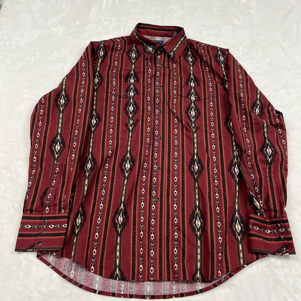 Wrangler Western Shirt Mens Large Burgundy Aztec Tribal Print Pearl Snap Style